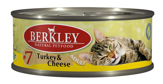 Konzervované krmivo pre mačky Berkley Menu pre dospelé mačky, morčacie mäso, syr, 100 g