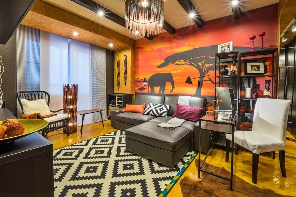 Dzīvojamās istabas interjers Āfrikas stilā