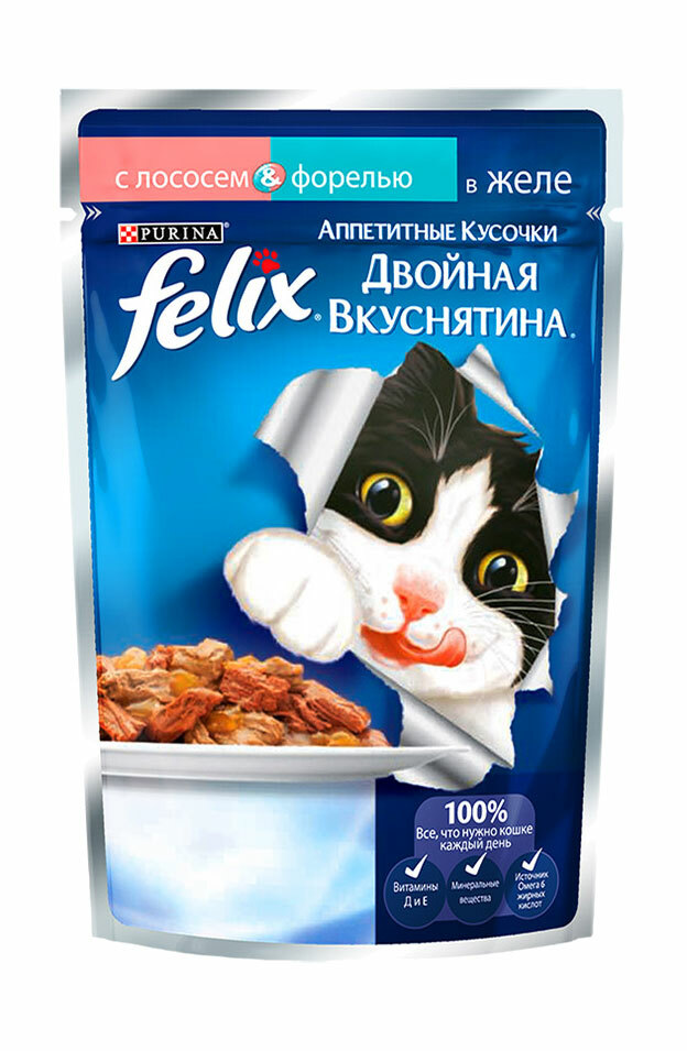 Purina Felix Mokré krmivo pre mačky s chutným sústom Double Yummy, losos a pstruh, pavúk, 85 g 12294937