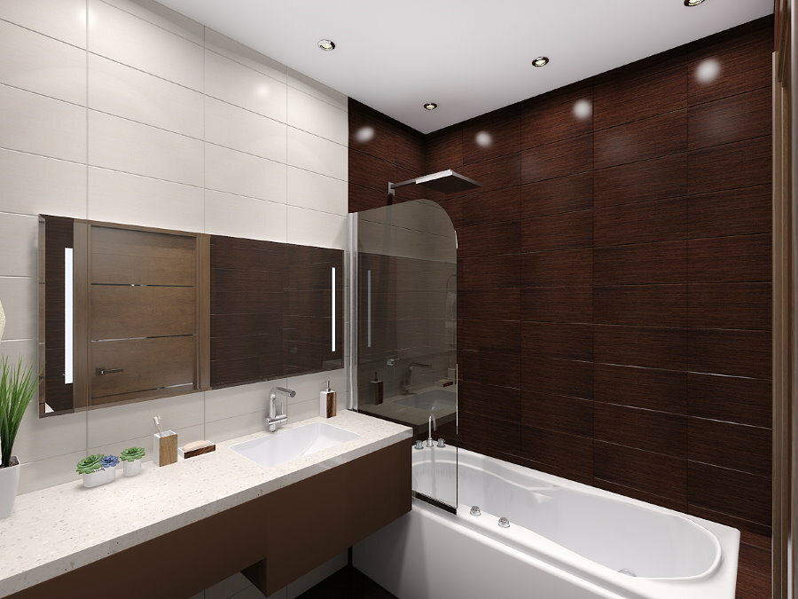 Podkreślenie akcentującej ściany łazienki brązowymi płytkami