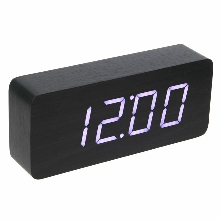 Electronic desk alarm clock, rectangular, dark wood, white numbers, mains supply, 21 x 5 x 9 cm