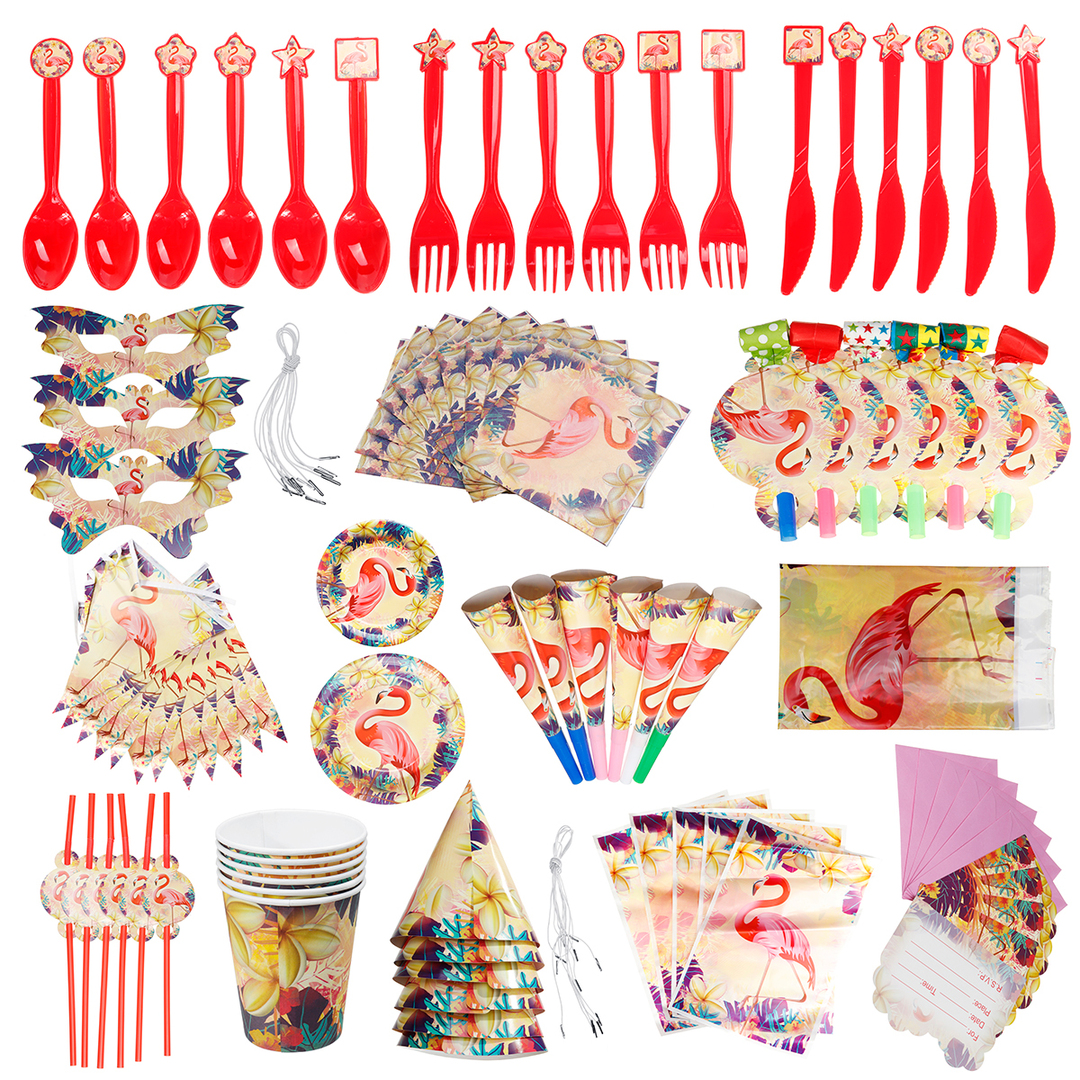 PC. „Flamingo Kids“ gimtadienio vakarėlio stalo įrankių rinkinys Dekoratyvinės lėkštės Kaukė Popieriaus dėžutės puodelio dekoracijos Žaislai