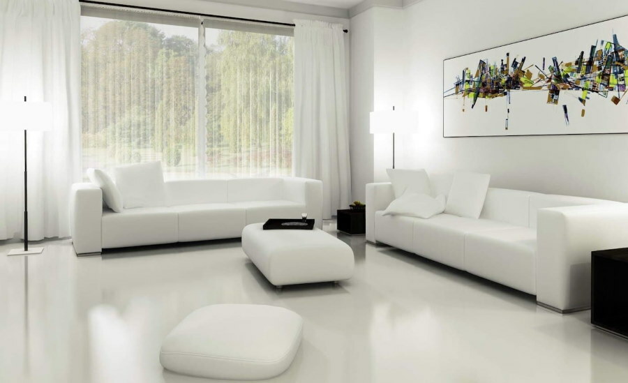 Bílé pohovky v obývacím pokoji ve stylu high-tech