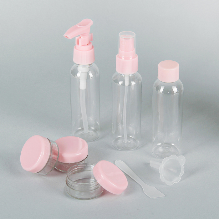 Juego de viaje en estuche: 3 botellas de 60 ml, 3 botes de 10 g, espátula, embudo, rosa