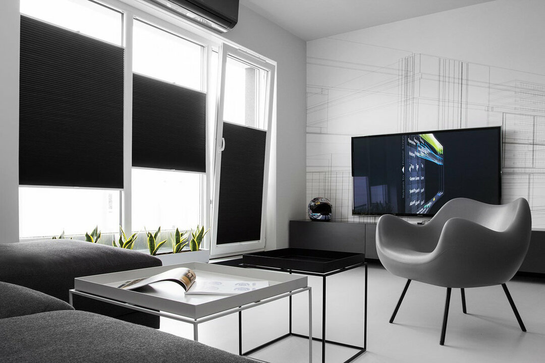 Černé rolety v obývacím pokoji v minimalistickém stylu