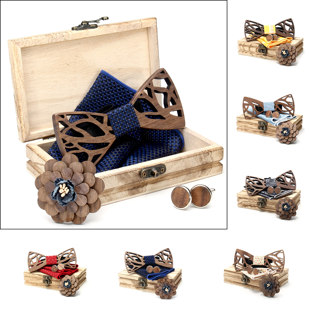 Handkerchief Cufflinks Set Wooden Bow Ties Bows for Wedding Party Pocket Square Shawl Hanky ​​Decor Supplies