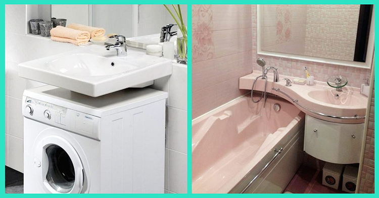 Pienissä kylpyhuoneissa on parasta asentaa pesuallas pesukoneen yläpuolelle.