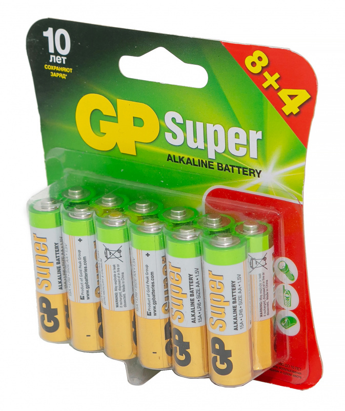 Batteri GP Super Alkaline 15A LR6 AA (kampanj: 8 + 4) (12st)