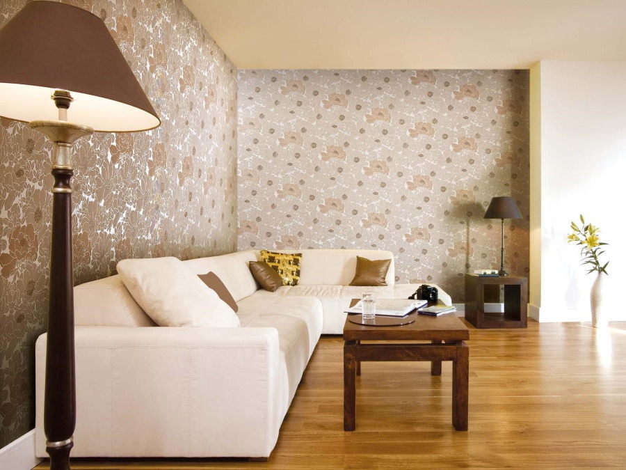 Highlighting the wall behind the corner sofa with paper wallpaper