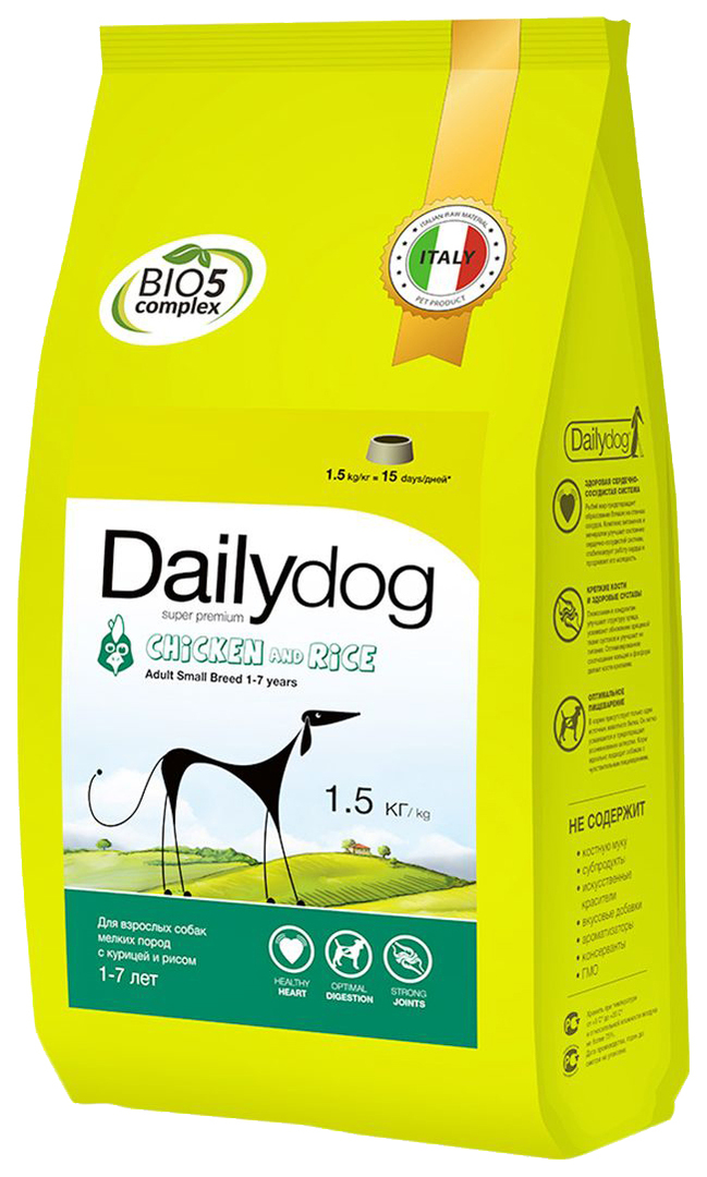 Tørrfôr til hunder Dailydog Adult Small Breed, for små raser, kylling og ris, 1,5 kg
