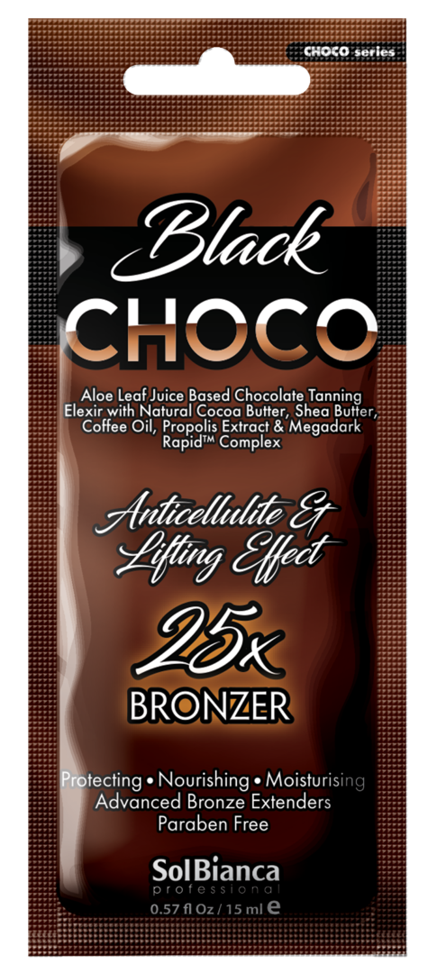 Grädde med kakaosmör, sheasmör, kaffe, propolis -extrakt, vitaminkomplex och bronzers för solarium i solarium / Choco Black 15 ml