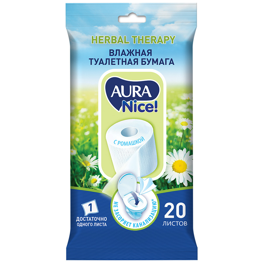 Toaletní papír Aura mokrý ve vodě rozpustný s výtažkem z heřmánku 20 listů