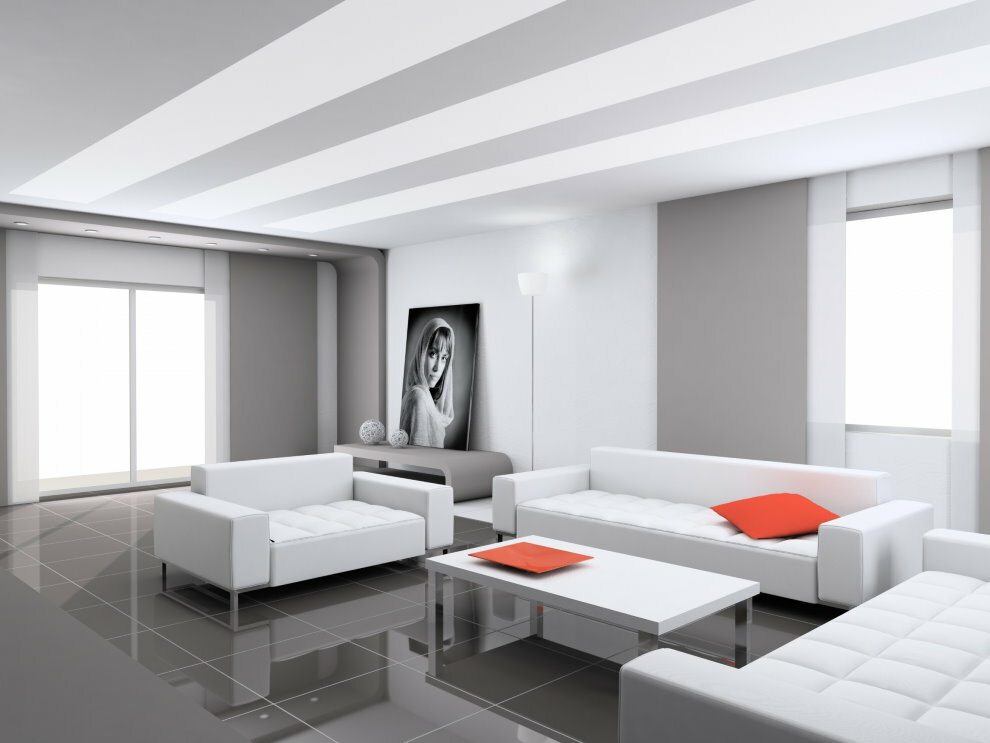 Valge mööbel elutoa hallil põrandal kõrgtehnoloogilises stiilis
