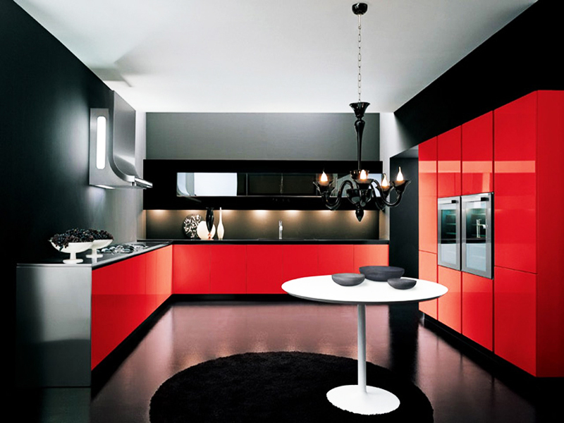 The combination of red and black looks too dramatic and is not suitable for all apartments. Choose this option only if you can decorate the rest of the rooms in a similar style.