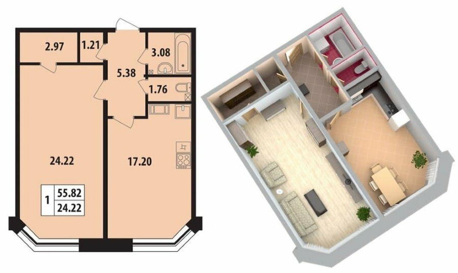 Proyecto de un apartamento de dos habitaciones con una superficie de 55 metros cuadrados.