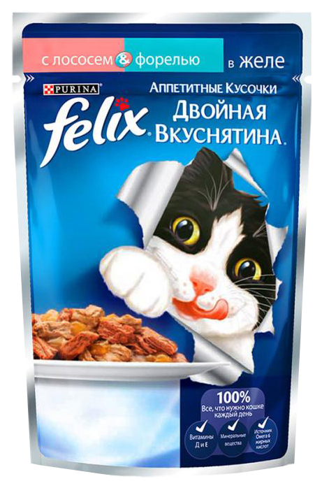Felix Mokré krmivo pre mačky Double Yummy, losos, pstruh, 85 g