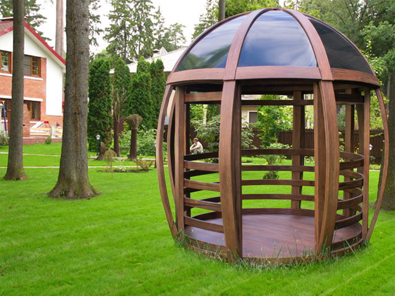 Modern gazebo made of wood with a dome