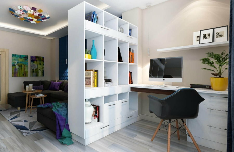 Workplace behind white shelving in the living room