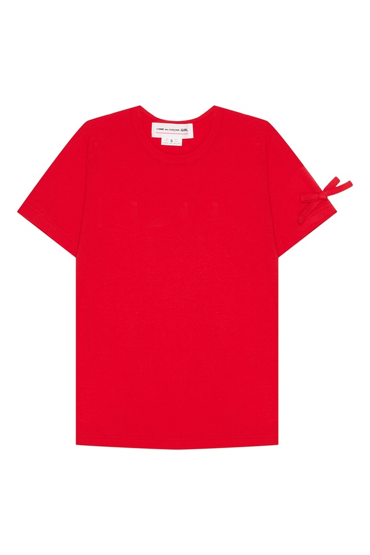 T-shirt rossa con fiocchi sulle maniche