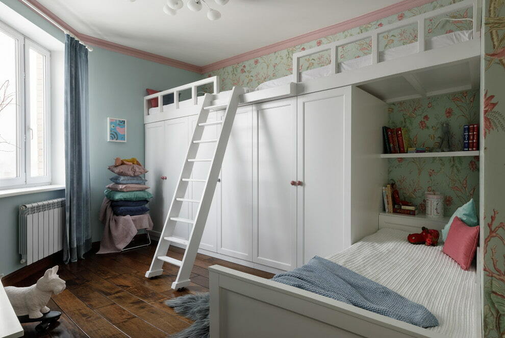 White wardrobes in the room of three girls