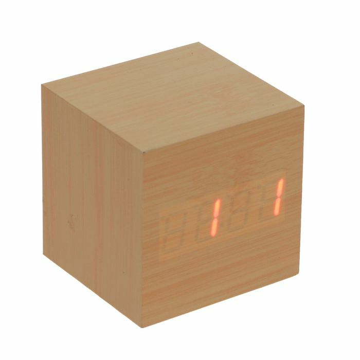 Desktop alarm clock electronic, cube, light wood color, red numbers, from USB, 6.5 x 6.5 x 6.5 cm