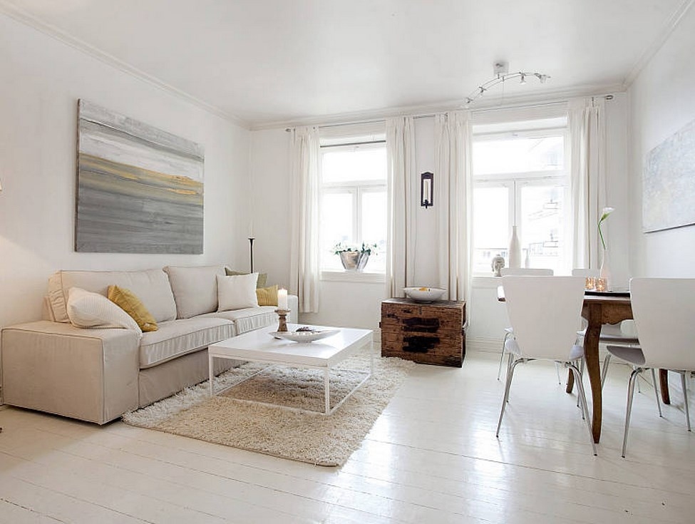 Living room design with white floor