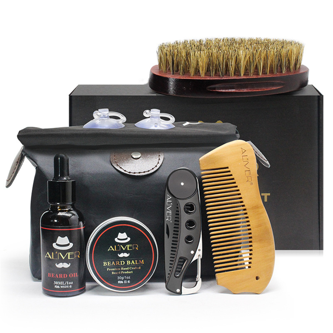 Kit de cuidado de barba Kit de cuidado de bigote Kit de peinado Kits de peinado Cepillo + Peine + Crema de aceite + Bálsamo + Bolsa de almacenamiento