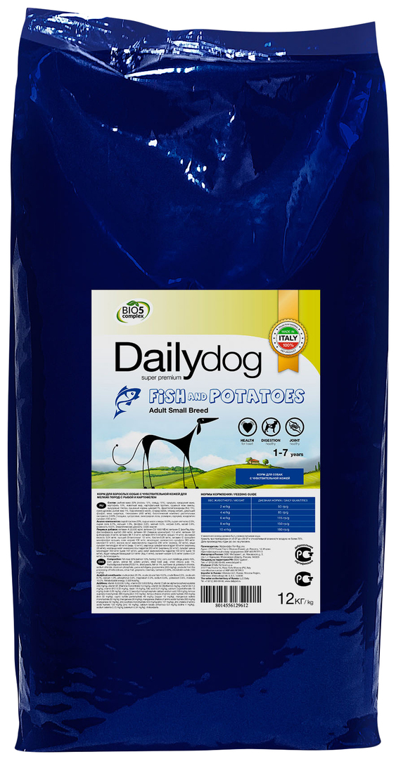 Tørfoder til hunde Dailydog Adult Small Race, til små racer, fisk og kartofler, 12 kg