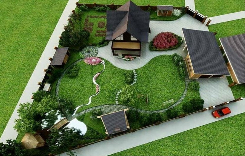 Design project of a plot of 10 acres with a house in the background