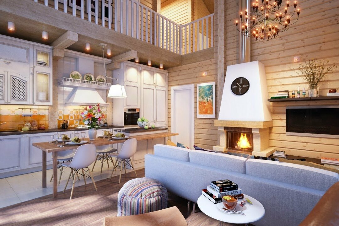 Woonkamerinterieur in een houten huis gemaakt van hout: foto van het ontwerp van de gecombineerde kamers