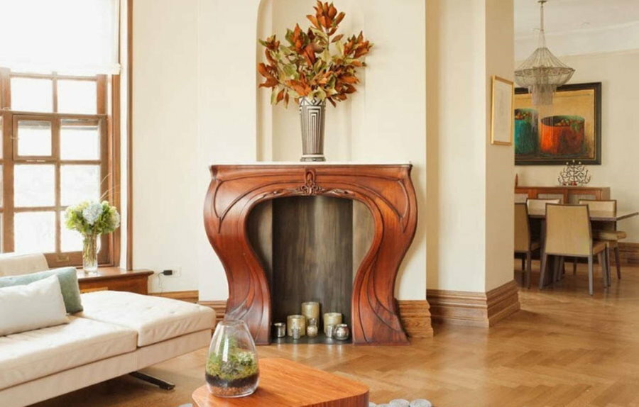Wooden fireplace in the living room