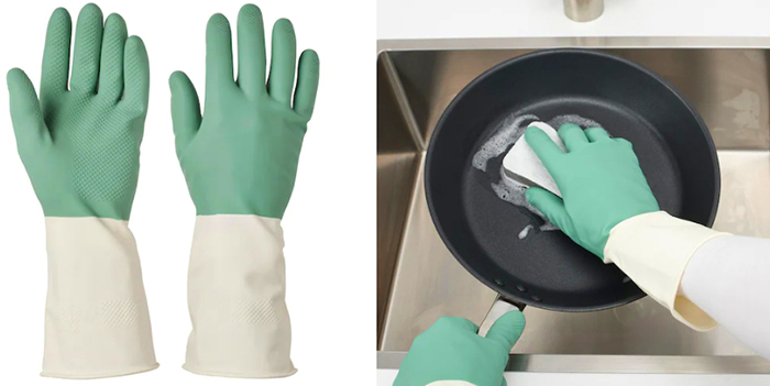 Starka syror, frätande rengöringsmedel och ammoniak kan skada handskarna