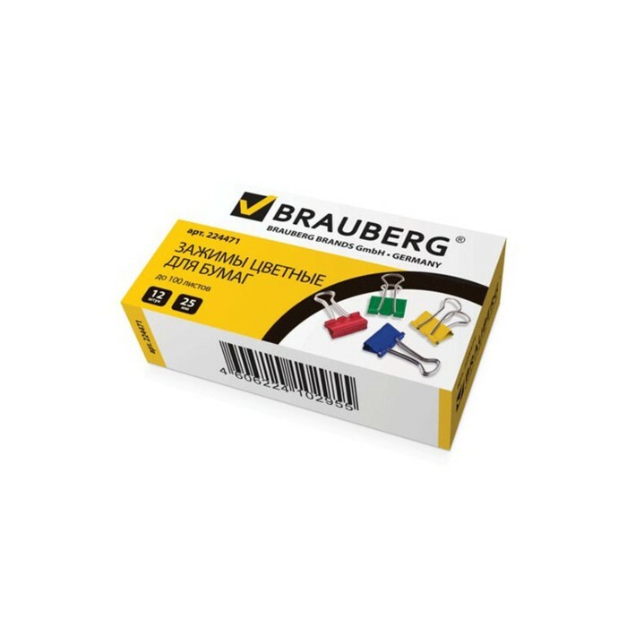 Sponky BRAUBERG, SADA 12 ks, 25 mm, na 100 l., Farba, v škatuli na karty 224471