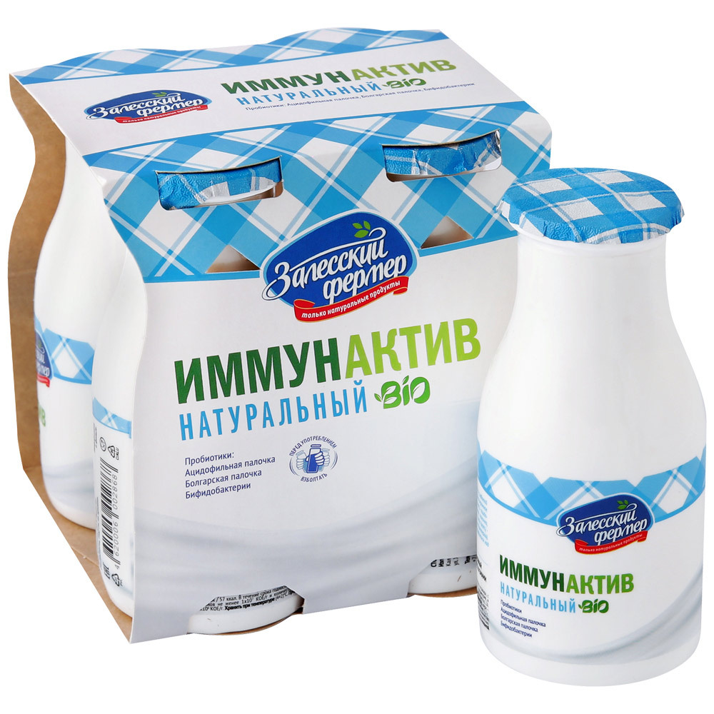 Produto lácteo fermentado Immunactive Zalessky farmer Bio natural com açúcar 1,4% 4 * 0,1kg