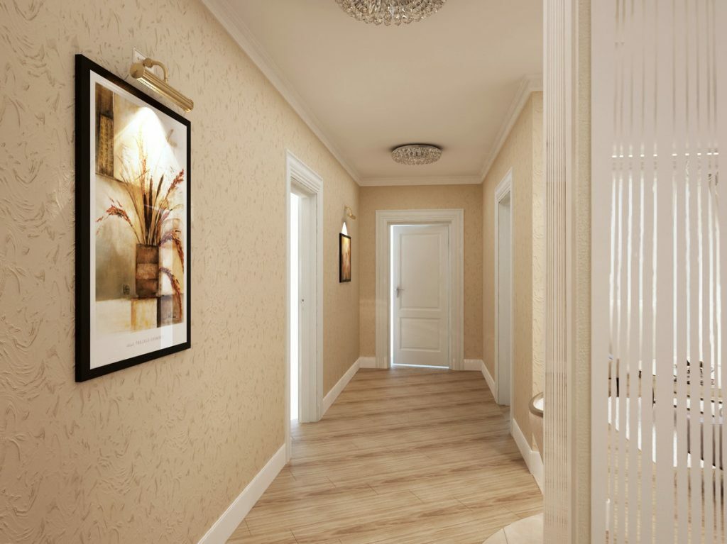 Elongated corridor with wallpaper in beige tones