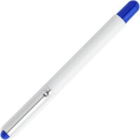 Bolígrafo, cuerpo blanco, clip metálico, partes azules, tinta azul
