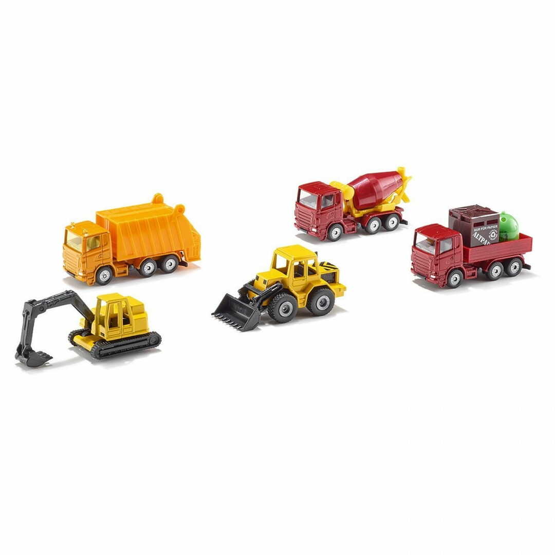 SIKU makine seti (beton karıştırıcı, ekskavatör, kamyon, yükleyici ve çöp kamyonu)