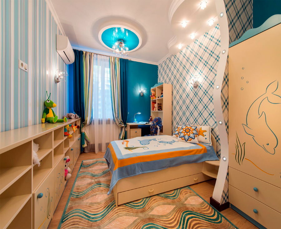 Disposición de una habitación para niños en un apartamento de 44 metros cuadrados.