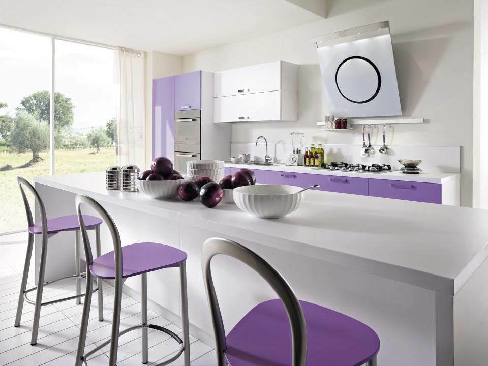 Lilac bar stools in white kitchen