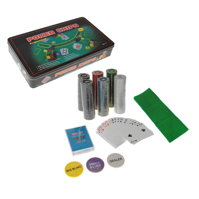 Poker Chips poker set: 2 svežnja kart po 54 kosov, 300 žetonov, tkanina, kovinska škatla