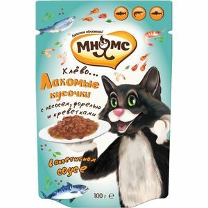 Pauchi Mnyams Tasty pieces with salmon, trout and shrimps in an appetizing sauce for cats 100g