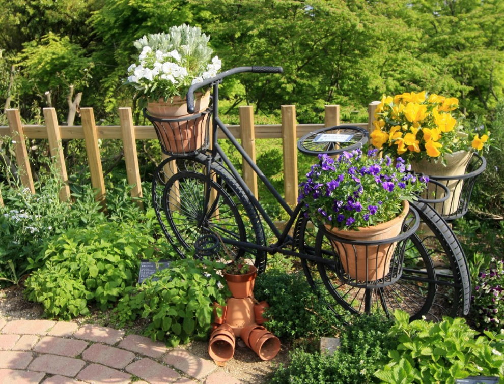 A flower bed of old bicycle with his own hands