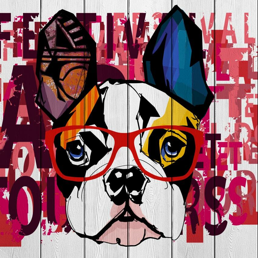 Maleri på en trebulldog med briller 60x60