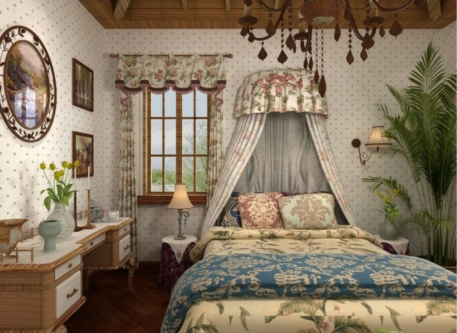 Guļamistaba lauku stilā ar baldahīnu virs gultas