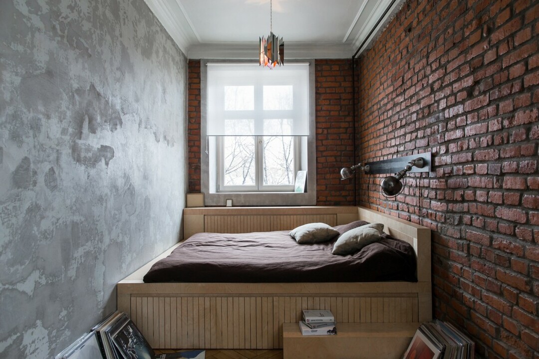 Dormitorio estrecho de estilo industrial