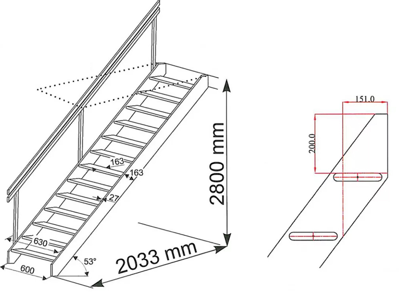 Íme egy példa egy rögzített padláslétrára egy egyszerű rajzon