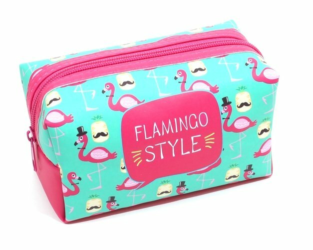 Flamingo stílusú kozmetikai táska cipzárral (16x8) (PVC doboz)