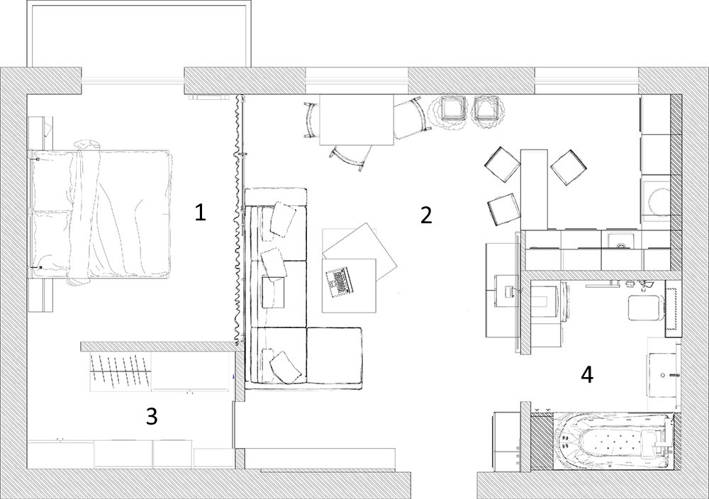 Herontwikkelingsplan van een stalinka van 70 m² in een studio-appartement