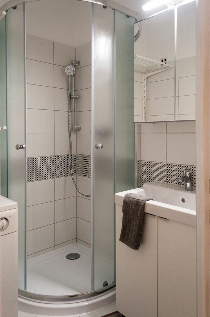 Kompaktiškas dušas studijos tipo buto vonios kambaryje