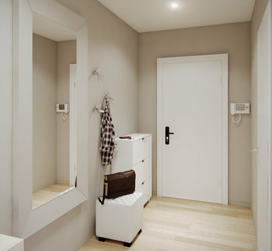 Fehér bútorok a minimalista stílusú folyosón